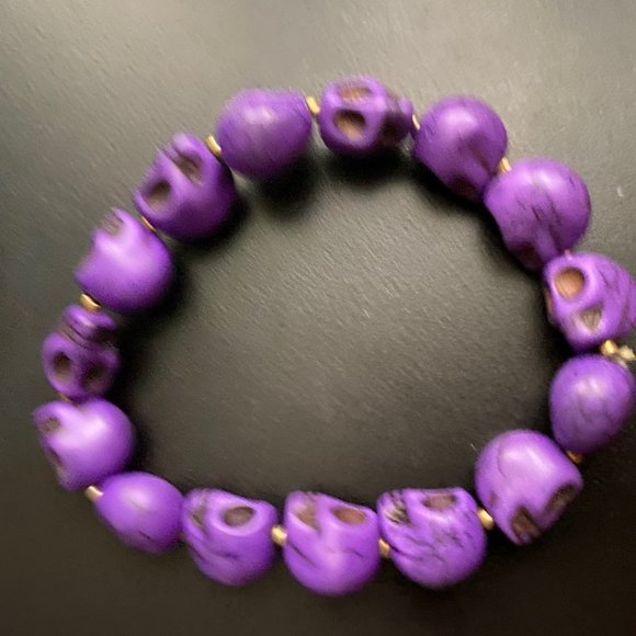 Bundle (2) Artsy Stone Goth Punk Sculls Black/Purple Bracelet 8-9" - Picture 3 of 3
